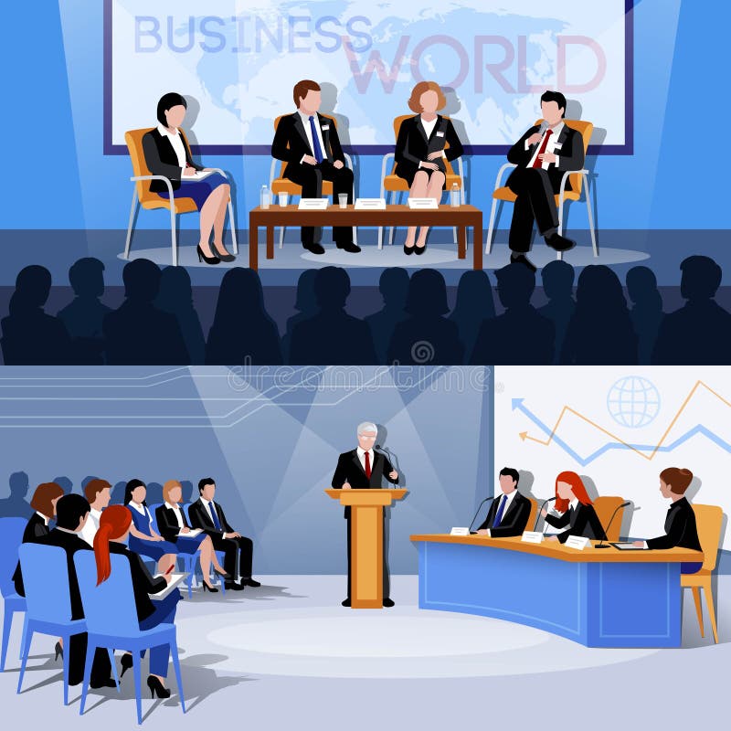 Business world international conference presentations 2 flat vectors set with public speaking participants abstract vector illustration. Business world international conference presentations 2 flat vectors set with public speaking participants abstract vector illustration