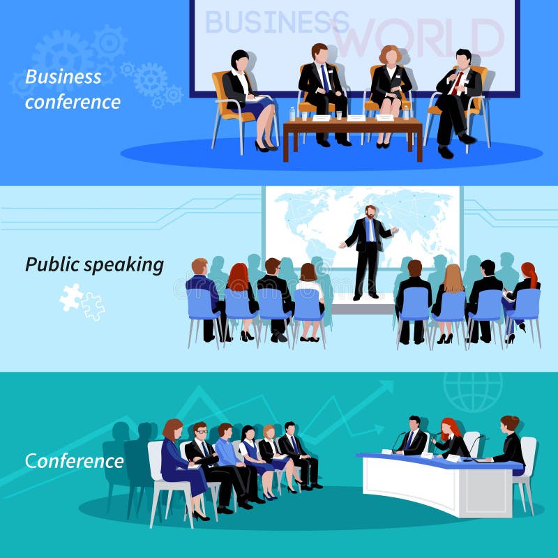 Business conference public speaking 3 flat horizontal vectors set with whiteboard result presentations abstract vector illustration. Business conference public speaking 3 flat horizontal vectors set with whiteboard result presentations abstract vector illustration