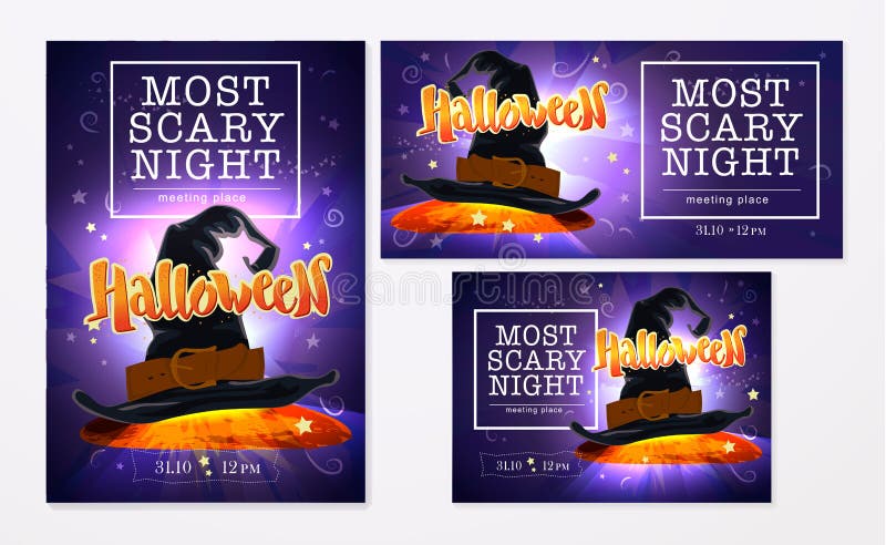 Collection of vector halloween cards. Halloween night party poster, placard, banner design set. Cartoon style. Halloween background and elements design. Collection of vector halloween cards. Halloween night party poster, placard, banner design set. Cartoon style. Halloween background and elements design.