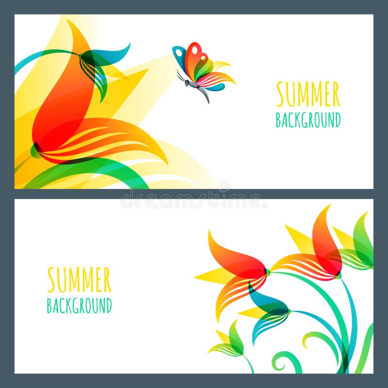 Vector summer horizontal banners and backgrounds. Colorful summer lily flowers and butterfly. Nature white backgrounds. Design template for cosmetics label, greeting card, holiday banner, flyer. Vector summer horizontal banners and backgrounds. Colorful summer lily flowers and butterfly. Nature white backgrounds. Design template for cosmetics label, greeting card, holiday banner, flyer.