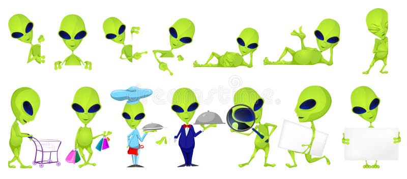 Set of green aliens posing with white blank placard. Set of aliens of such professions as chef, waiter, detective. Set of aliens doing shopping. Vector illustration isolated on white background. Set of green aliens posing with white blank placard. Set of aliens of such professions as chef, waiter, detective. Set of aliens doing shopping. Vector illustration isolated on white background.