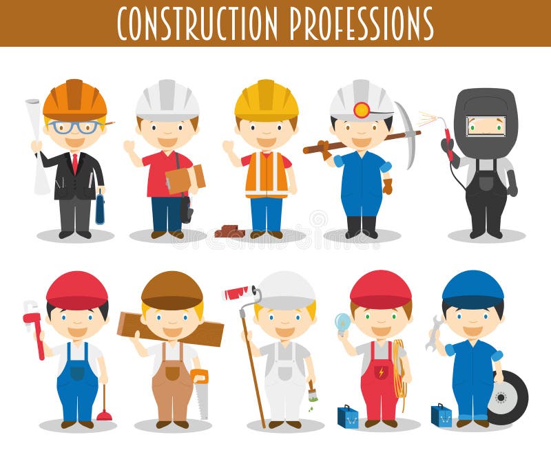 Vector Set of Construction Professions in cartoon style. Vector Set of Construction Professions in cartoon style