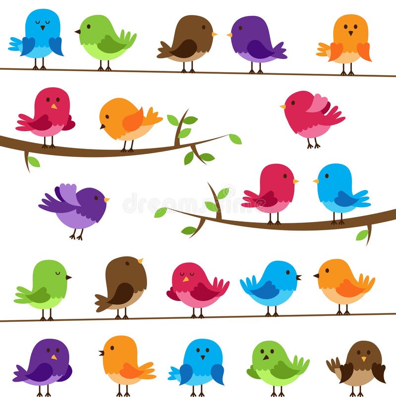 Vector Set of Colorful Cartoon Birds on Branches and Wires. Vector Set of Colorful Cartoon Birds on Branches and Wires