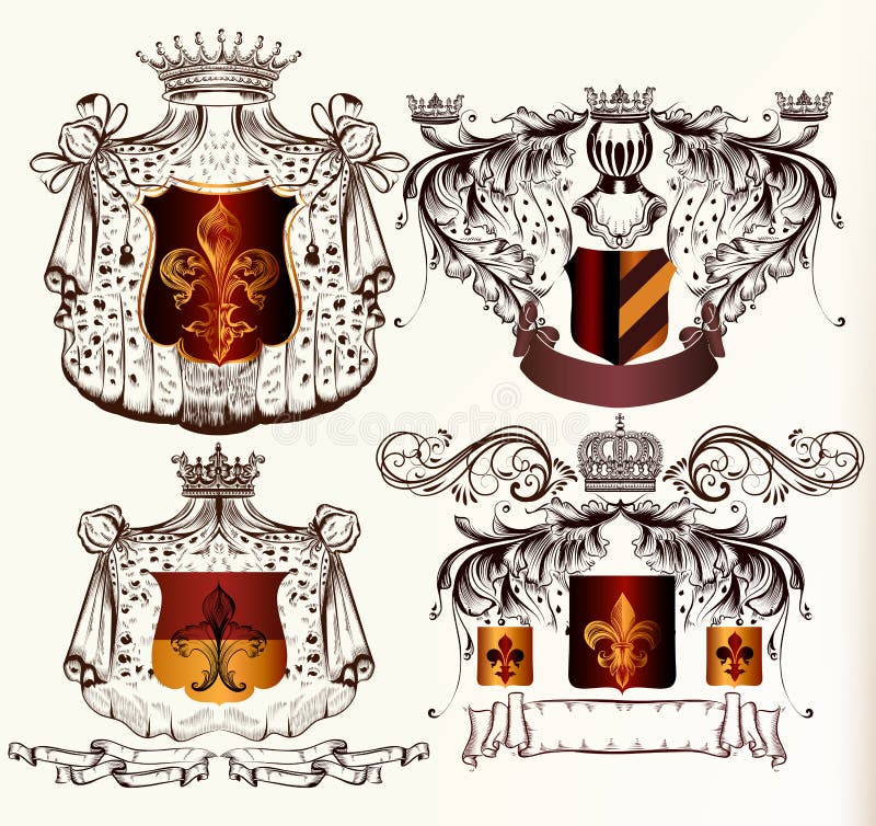 Heraldic shields set with crowns and ribbons in engraved style. Heraldic shields set with crowns and ribbons in engraved style