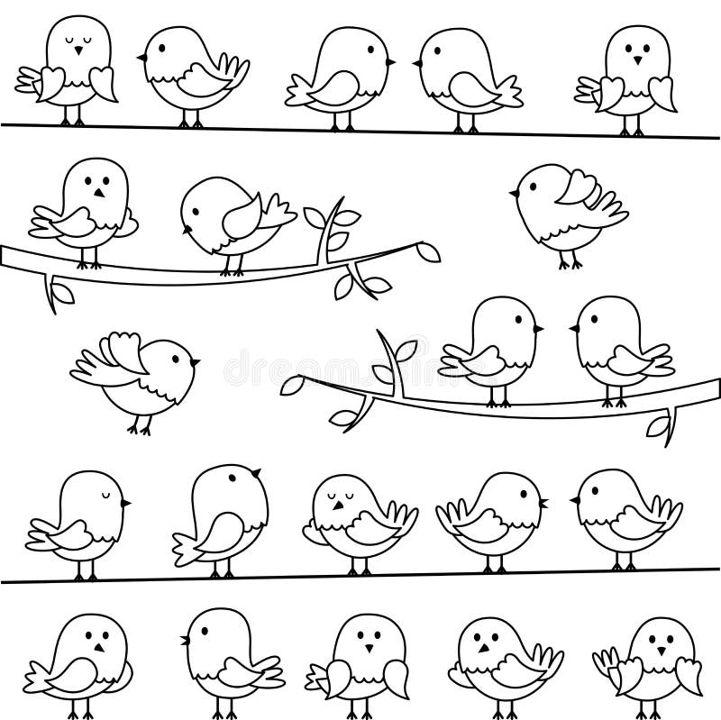 Vector Set of Line Art Cartoon Birds and Branches. Vector Set of Line Art Cartoon Birds and Branches