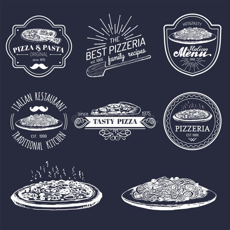 Vector vintage hipster italian food logos. Modern pasta and pizza signs or emblems. Hand drawn mediterranean cuisine illustrations. Traditional southern europe meal sketches in ink style. Vector vintage hipster italian food logos. Modern pasta and pizza signs or emblems. Hand drawn mediterranean cuisine illustrations. Traditional southern europe meal sketches in ink style.