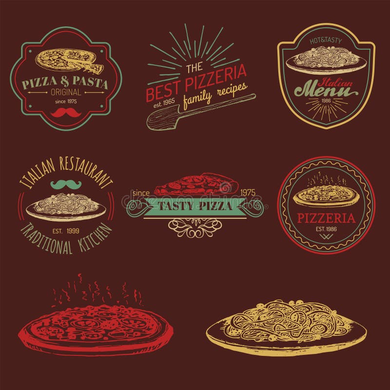 Vector vintage hipster italian food logos. Modern pasta and pizza signs or emblems. Hand drawn mediterranean cuisine illustrations. Traditional southern europe meal sketches in ink style. Vector vintage hipster italian food logos. Modern pasta and pizza signs or emblems. Hand drawn mediterranean cuisine illustrations. Traditional southern europe meal sketches in ink style.