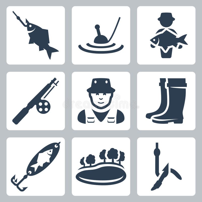 Vector fishing icons set: fish on a hook, float, big fish, fishing rod, fisherman, wading boots, spoon-bait, lake, worm on a hook. Vector fishing icons set: fish on a hook, float, big fish, fishing rod, fisherman, wading boots, spoon-bait, lake, worm on a hook