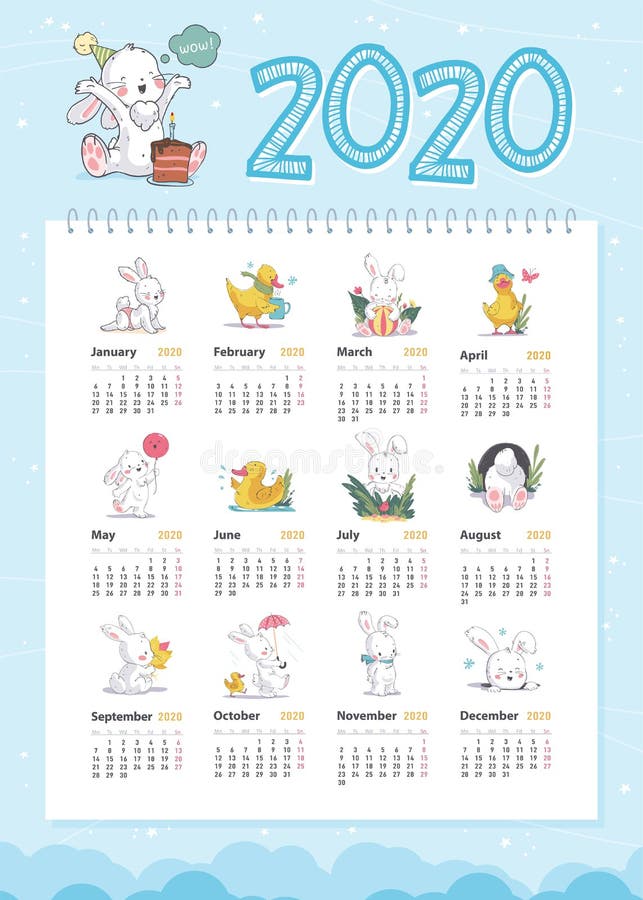 传染媒介2020年模板的婴孩日历与逗人喜爱的矮小的白色兔宝宝和黄色滑稽的鸭子字符手中拉长的样式步行 向量例证 传染媒介2020年模板的婴孩日历与逗人喜爱的矮小的白色兔宝宝和黄色滑稽的鸭子字符手中拉长的样式步行 向量例证