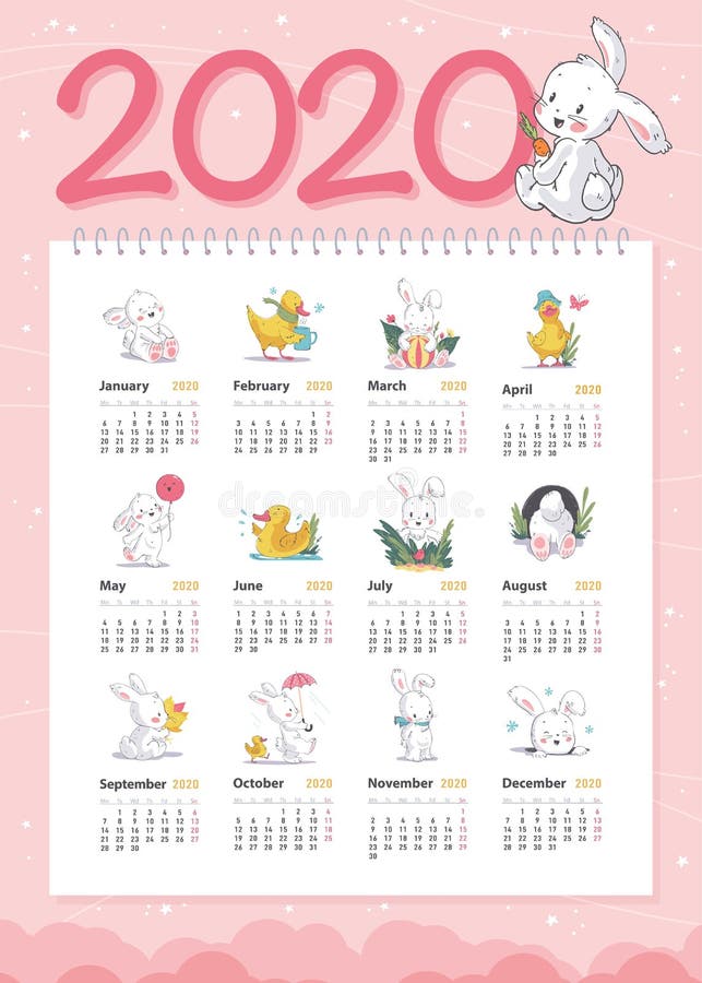 传染媒介2020年模板的婴孩日历与逗人喜爱的矮小的白色兔宝宝和黄色滑稽的鸭子字符手中拉长的样式步行 向量例证 传染媒介2020年模板的婴孩日历与逗人喜爱的矮小的白色兔宝宝和黄色滑稽的鸭子字符手中拉长的样式步行 向量例证