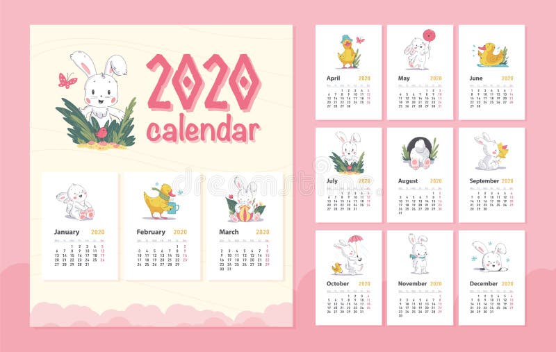 传染媒介2020年婴孩日历与逗人喜爱的白色兔宝宝动物字符&一点黄色鸭子步行的设计模板,站立,坐 皇族释放例证 传染媒介2020年婴孩日历与逗人喜爱的白色兔宝宝动物字符&一点黄色鸭子步行的设计模板,站立,坐 皇族释放例证