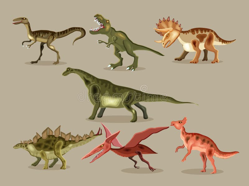 Vector cartoon set of a dinosaurs. T-REX, Tyrannosaur, Velociraptor, Triceratops. Vector cartoon set of a dinosaurs. T-REX, Tyrannosaur, Velociraptor, Triceratops.