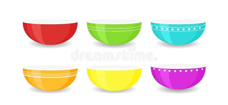 Vector illustration set of colourful empty bowls isolated on white background. Porcelain ceramic plates, colored dishware bowl collection. Vector illustration set of colourful empty bowls isolated on white background. Porcelain ceramic plates, colored dishware bowl collection