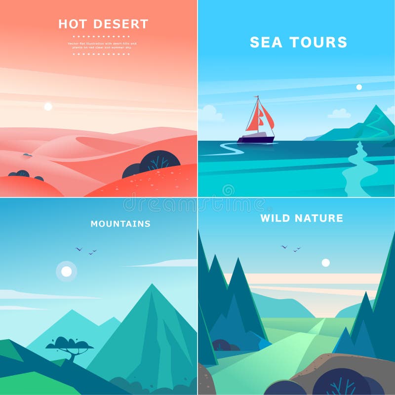 Vector set of flat summer landscape illustrations with desert, ocean, mountains, sun, forest on blue clouded sky. Perfect for travel camping tour poster, placard, flayer, leaflet, banner. Nature view. Vector set of flat summer landscape illustrations with desert, ocean, mountains, sun, forest on blue clouded sky. Perfect for travel camping tour poster, placard, flayer, leaflet, banner. Nature view.