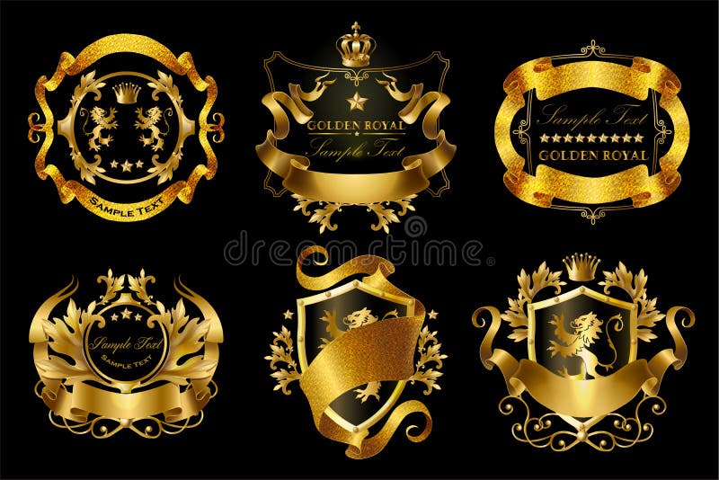 Vector set of golden royal stickers with crowns, shields, ribbons, lions, stars isolated on black background. Luxurious emblems with heraldic ornament, premium quality labels for brand promotion. Vector set of golden royal stickers with crowns, shields, ribbons, lions, stars isolated on black background. Luxurious emblems with heraldic ornament, premium quality labels for brand promotion