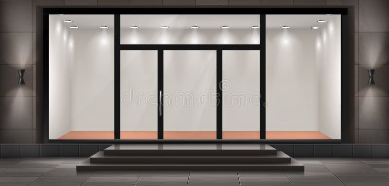 Vector illustration of storefront with steps and entrance door, glass illuminated showcase for presentations and museum exhibitions. Large shop window, empty fashion boutique or showroom with lights. Vector illustration of storefront with steps and entrance door, glass illuminated showcase for presentations and museum exhibitions. Large shop window, empty fashion boutique or showroom with lights