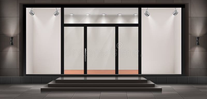 Vector illustration of storefront with steps and entrance door, glass illuminated showcase for presentations and museum exhibitions. Large shop window, empty fashion boutique or showroom with lights. Vector illustration of storefront with steps and entrance door, glass illuminated showcase for presentations and museum exhibitions. Large shop window, empty fashion boutique or showroom with lights