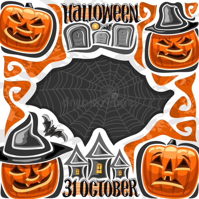 Vector poster for Halloween holiday, orange carved pumpkins, moon and bat above tombstones, original typeface for words halloween 31 october, placard with spooky Jack o Lanterns and cobweb background. Vector poster for Halloween holiday, orange carved pumpkins, moon and bat above tombstones, original typeface for words halloween 31 october, placard with spooky Jack o Lanterns and cobweb background.