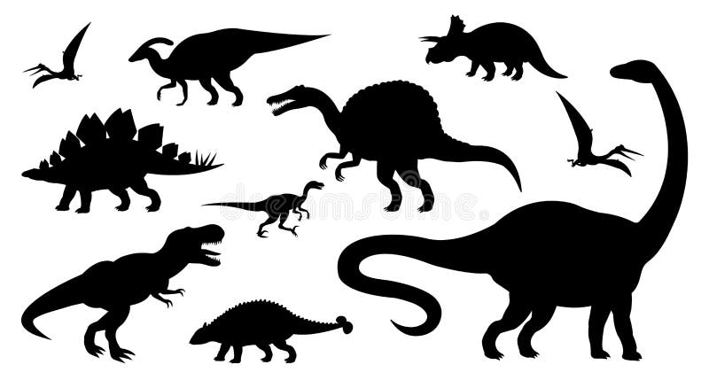 Vector black flat set collection of different dinosaur silhouette isolated on white background. Vector black flat set collection of different dinosaur silhouette isolated on white background