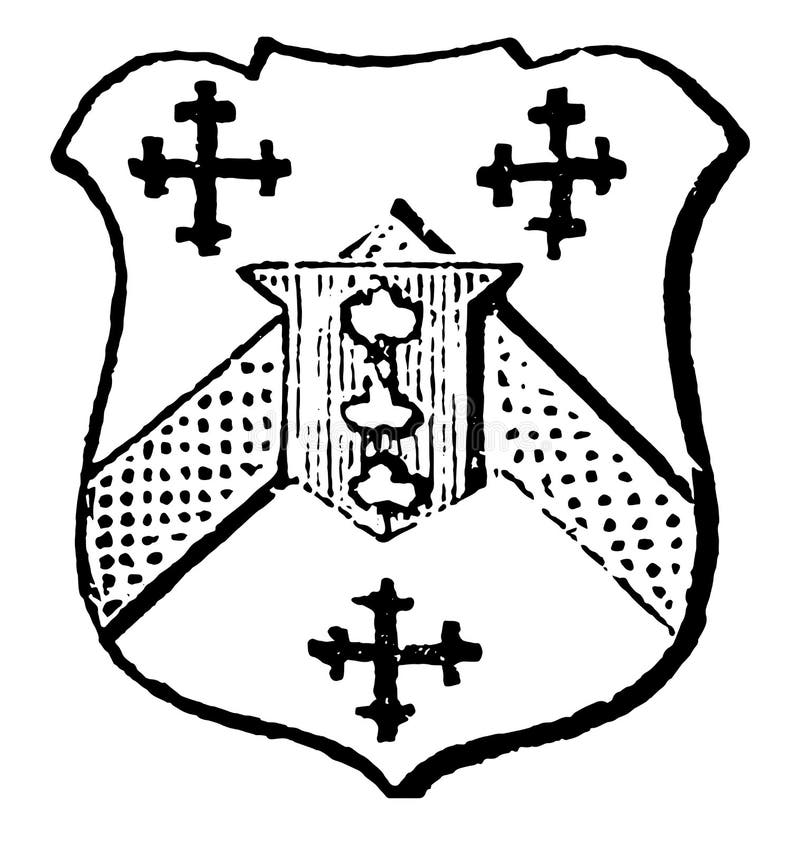 Escutcheon of Pretence are between three crosslets sable, vintage line drawing or engraving illustration. Escutcheon of Pretence are between three crosslets sable, vintage line drawing or engraving illustration