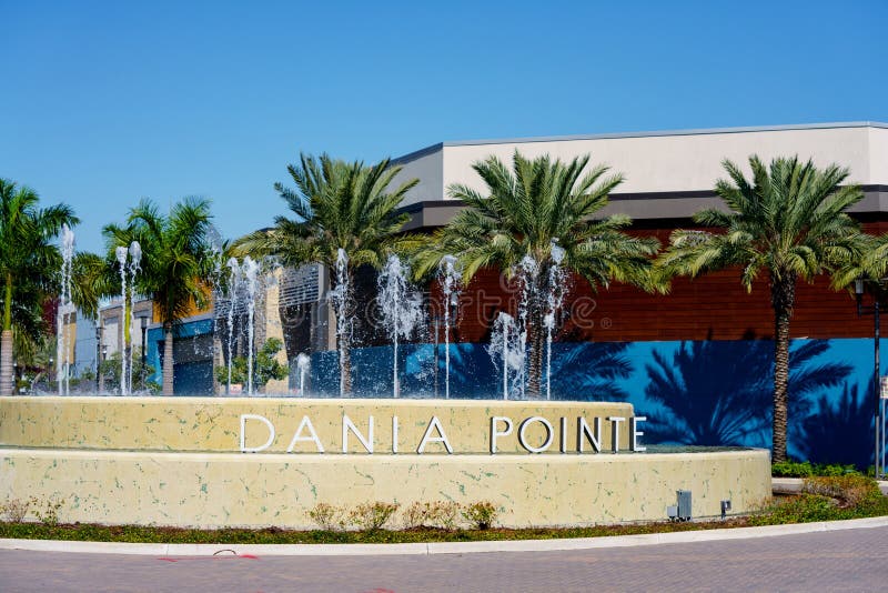 Dania Beach, FL, USA - January 10, 2021: Dania Pointe Florida USA photo of the entrance fountain. Dania Beach, FL, USA - January 10, 2021: Dania Pointe Florida USA photo of the entrance fountain