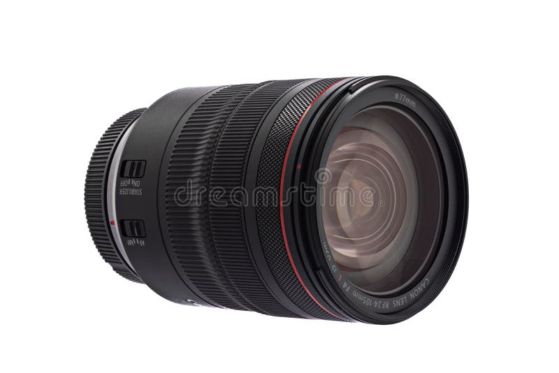 佳能E-F 24-105mm f4L是在白色背景的USM透镜 免版税库存照片