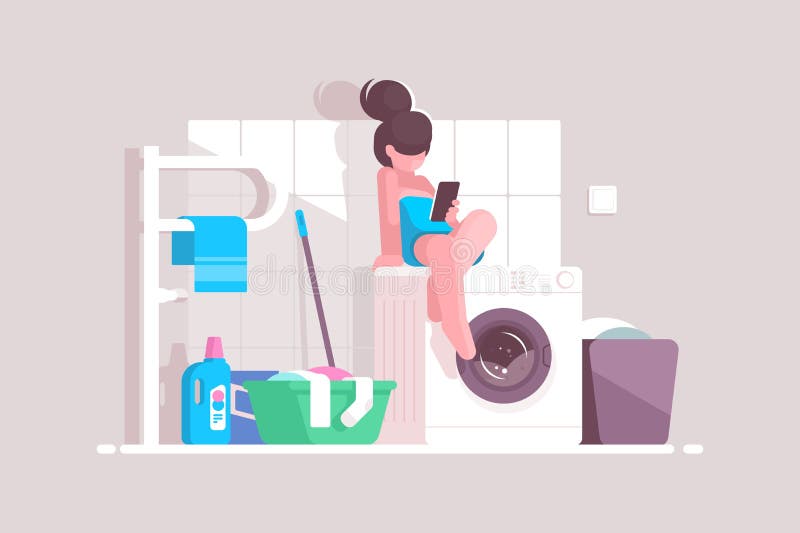 使用智能手机的女孩在卫生间 库存例证