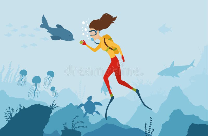 使用与海豚的女孩潜水者 轻潜水员 o 在珊瑚礁的女孩下潜 暑假,体育 库存例证 使用与海豚的女孩潜水者 轻潜水员 o 在珊瑚礁的女孩下潜 暑假,体育 库存例证