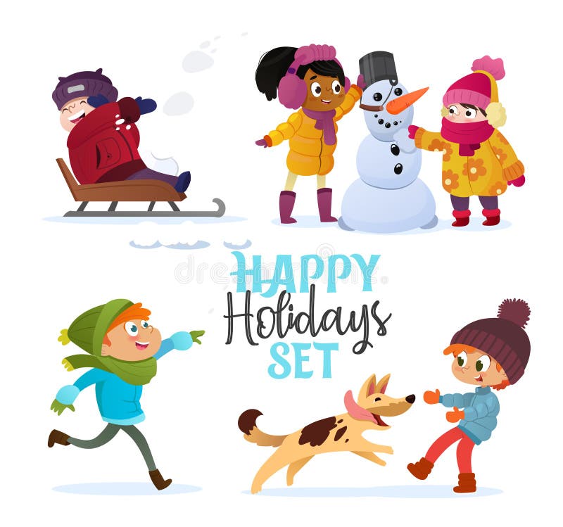 使用在冬天的集合多种族孩子 做雪人,孩子的女孩和男孩使用在雪球, sledding,使用 皇族释放例证 使用在冬天的集合多种族孩子 做雪人,孩子的女孩和男孩使用在雪球, sledding,使用 皇族释放例证
