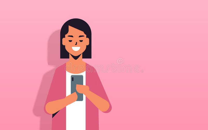 使用智能手机手机应用社交媒体通信概念女性卡通人物的女性手持手机女孩 皇族释放例证