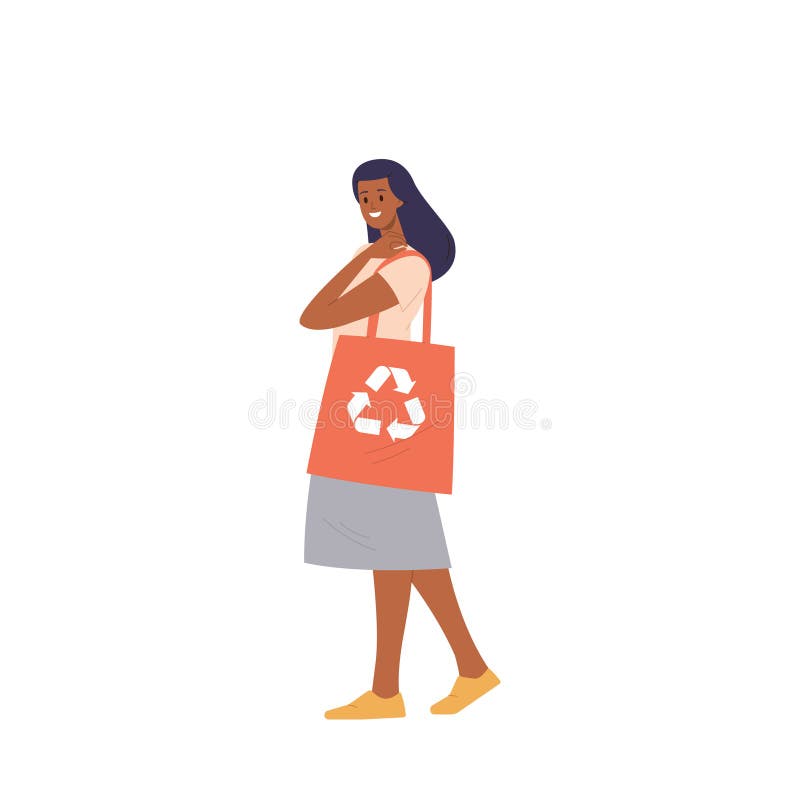 使用白色隔离的可重复使用的购物袋的快乐的年轻女性卡通人物 库存例证