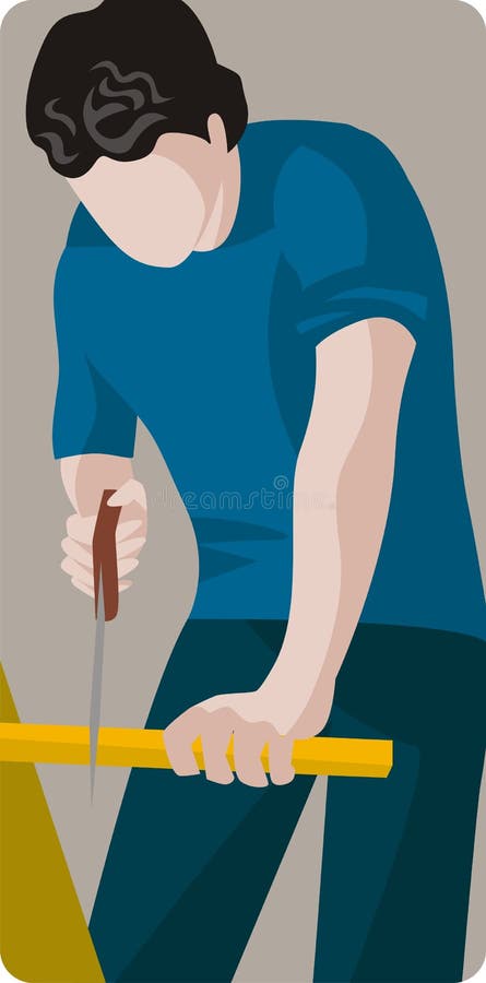 Vector illustration of a carpenter, cutting a wooden plank with a handsaw. Vector illustration of a carpenter, cutting a wooden plank with a handsaw.