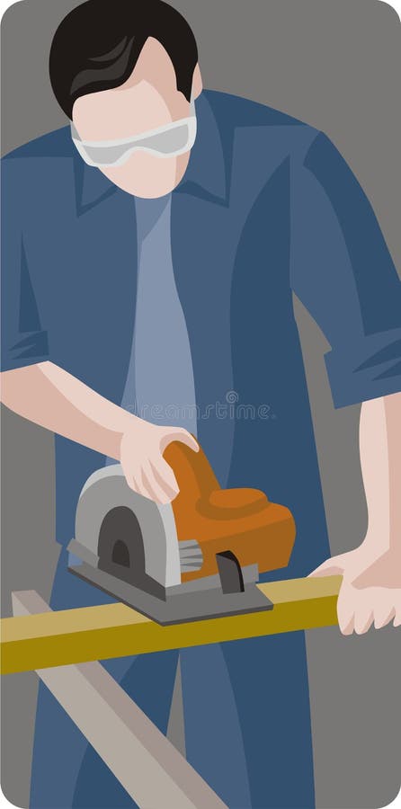 Vector illustration of a carpenter at work, processing a plank with a machine. Vector illustration of a carpenter at work, processing a plank with a machine.