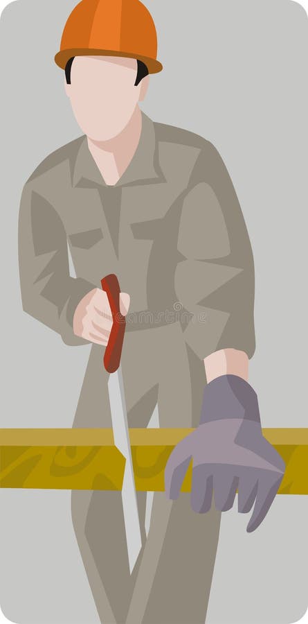 Vector illustration of a carpenter cutting a plank with a handsaw. Vector illustration of a carpenter cutting a plank with a handsaw.