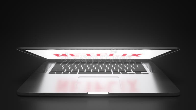 便携式电脑编辑概念3d动画展示的netflix徽标 皇族释放例证