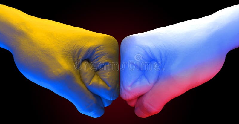 Political conflict - Russian vs Ukrainian national flag painted on fist stands opposite. Political conflict - Russian vs Ukrainian national flag painted on fist stands opposite.
