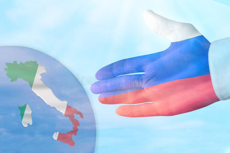 Russian flag on hand of help. Concept on the topic of helping from Russia for Italy. Russian flag on hand of help. Concept on the topic of helping from Russia for Italy.