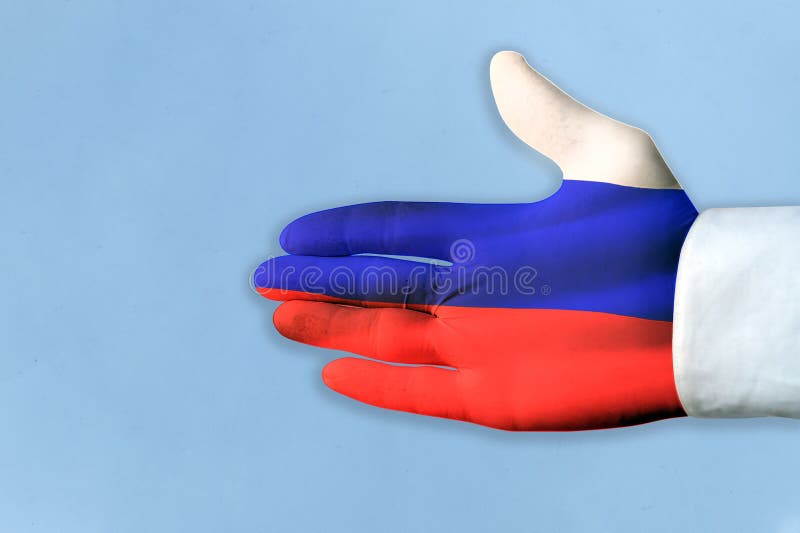 Russian flag on hand of help. Concept on the topic of helping from Russia. Russian flag on hand of help. Concept on the topic of helping from Russia.