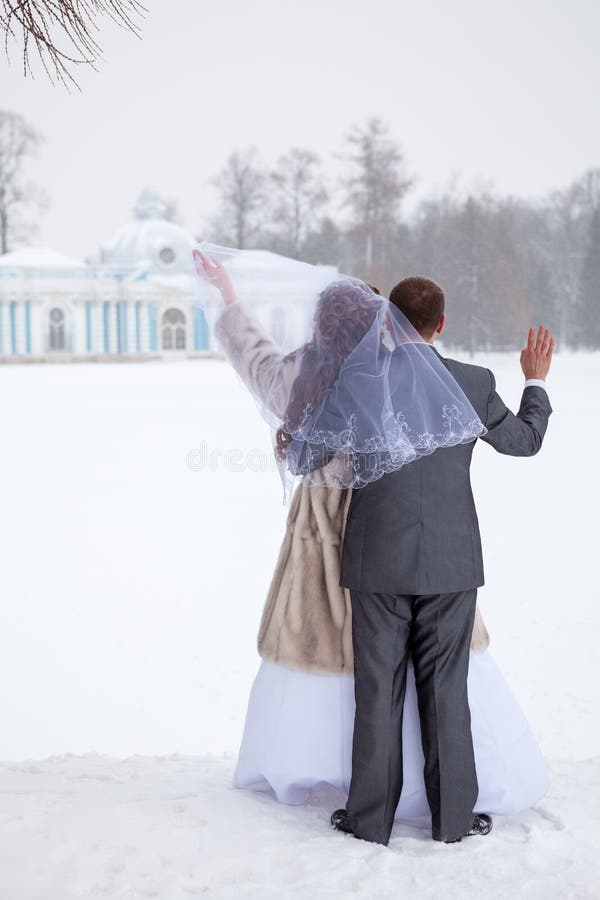 俄国在冻湖和拥抱附近的新婚佳偶夫妇站立的后侧方 飞雪和冷天,冬天 免版税图库摄影 俄国在冻湖和拥抱附近的新婚佳偶夫妇站立的后侧方 飞雪和冷天,冬天 免版税图库摄影