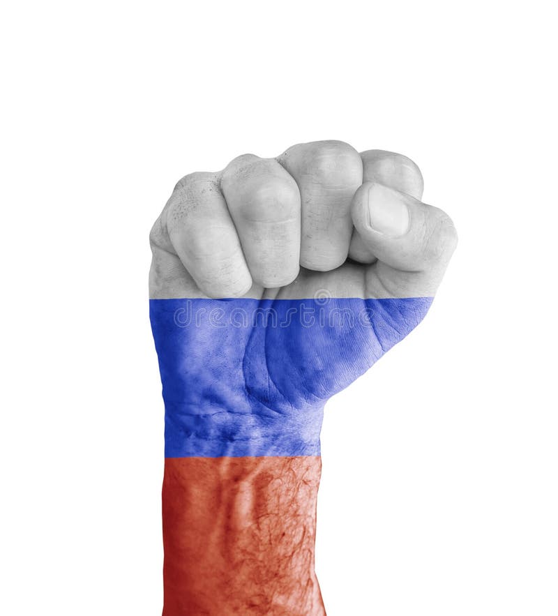 Flag of Russia painted on human fist like victory symbol close. Flag of Russia painted on human fist like victory symbol close