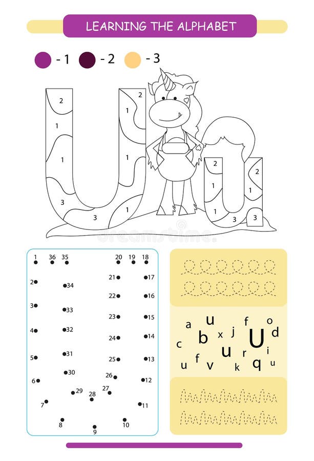 信件U和滑稽的动画片独角兽 E E 可印的活页练习题 r 连接 库存例证 信件U和滑稽的动画片独角兽 E E 可印的活页练习题 r 连接 库存例证