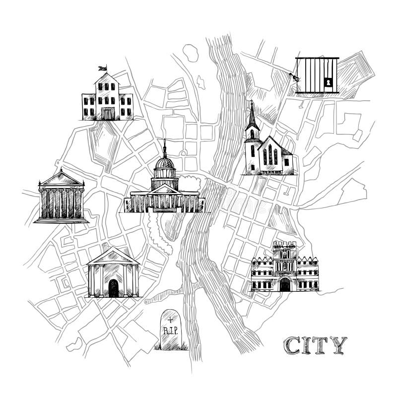 Information city map for travel navigation with icons of school prison church bank theater university museum vector illustration. Information city map for travel navigation with icons of school prison church bank theater university museum vector illustration.