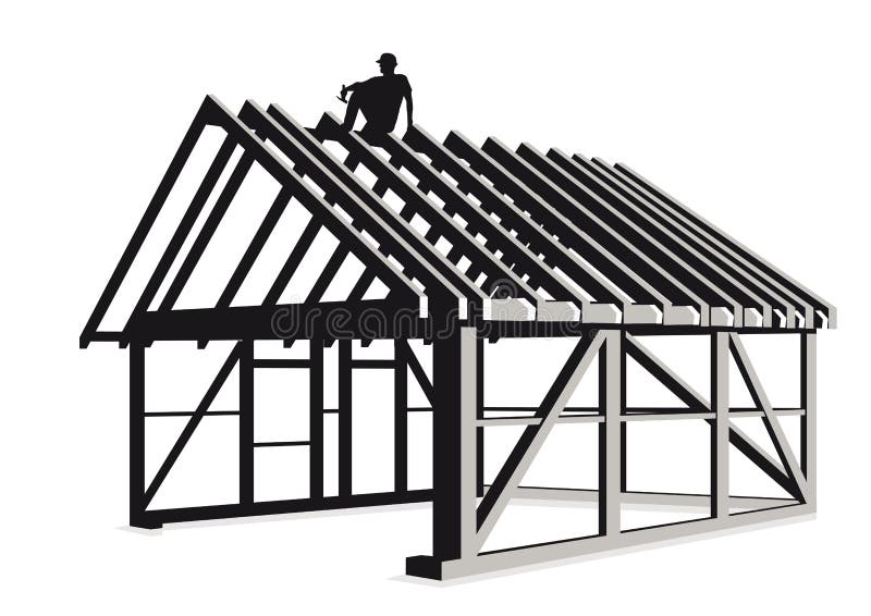 Illustration of wooden frame for walls and roof of a house under construction showing carpenter sitting on roof trusses isolated on white background. Illustration of wooden frame for walls and roof of a house under construction showing carpenter sitting on roof trusses isolated on white background.