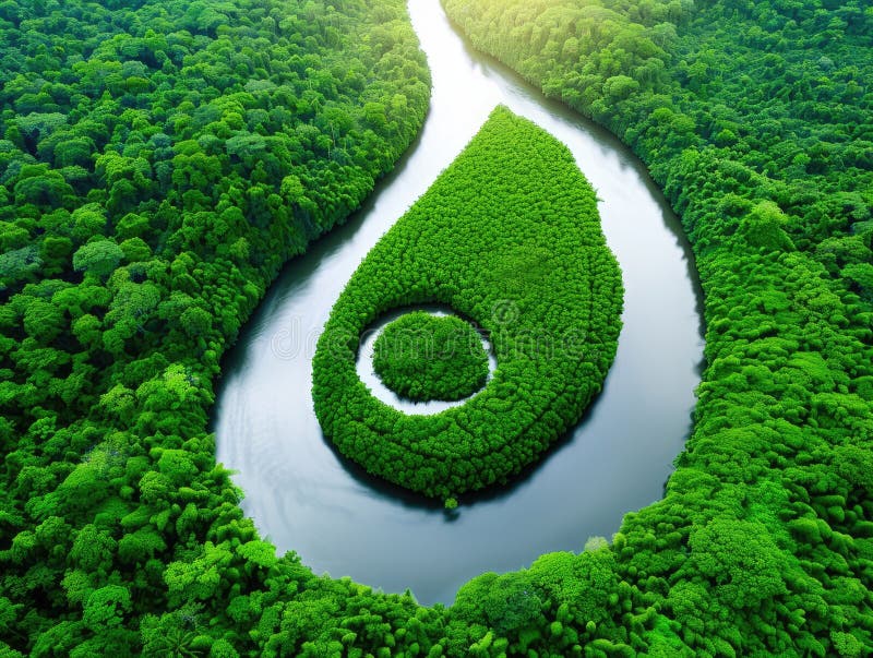 俯瞰蜿蜒的河流，穿过郁郁葱葱的绿色森林，一座带眼罩的岛屿，营造出令人惊叹的自然景观 皇族释放例证