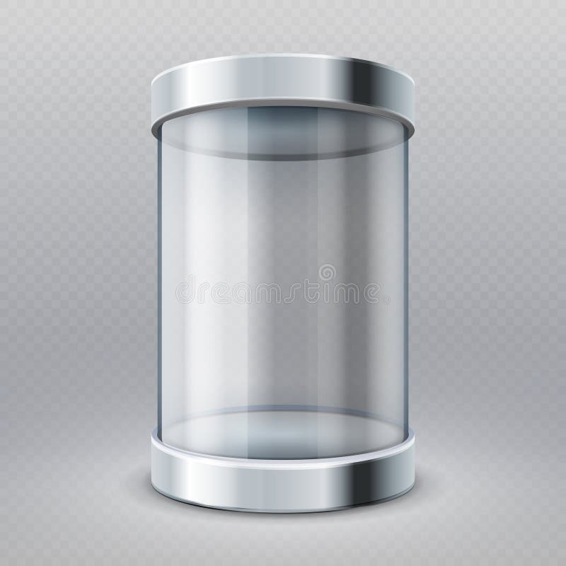 Empty transparent glass cylinder 3d showcase isolated vector illustration. Museum and market gallery box. Empty transparent glass cylinder 3d showcase isolated vector illustration. Museum and market gallery box