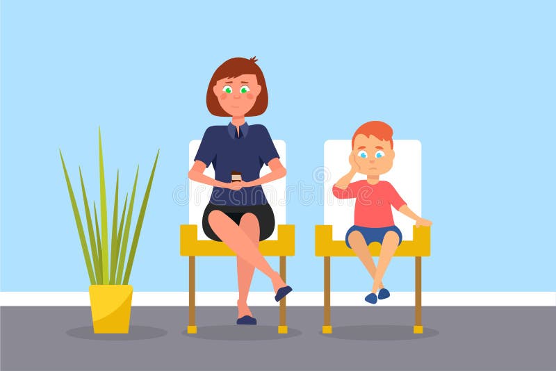 Mother and son in waiting room vector illustration. Parent with child sitting in hospital reception area. Cartoon characters in queue. Pediatrics. Nervous boy with swollen cheek. Kid having toothache. Mother and son in waiting room vector illustration. Parent with child sitting in hospital reception area. Cartoon characters in queue. Pediatrics. Nervous boy with swollen cheek. Kid having toothache