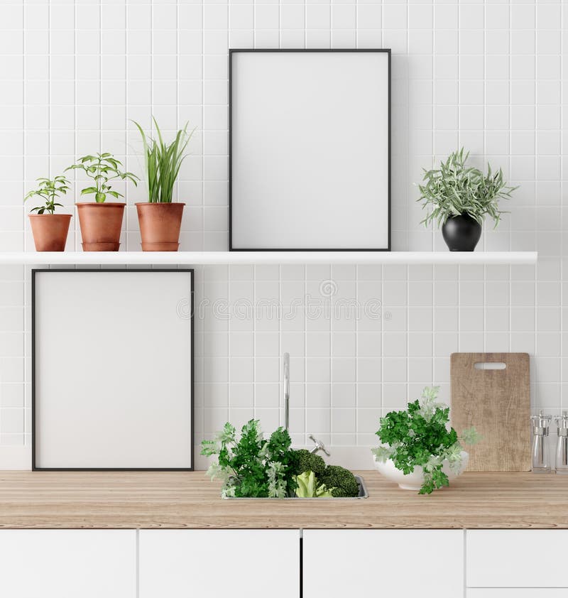 Mock up poster frame in kitchen interior background, Scandinavian style, 3d render. Mock up poster frame in kitchen interior background, Scandinavian style, 3d render