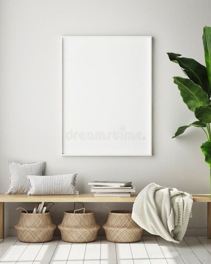 Mock up poster frame in modern interior background, living room, Scandinavian style, 3D render, illustration. Mock up poster frame in modern interior background, living room, Scandinavian style, 3D render, illustration