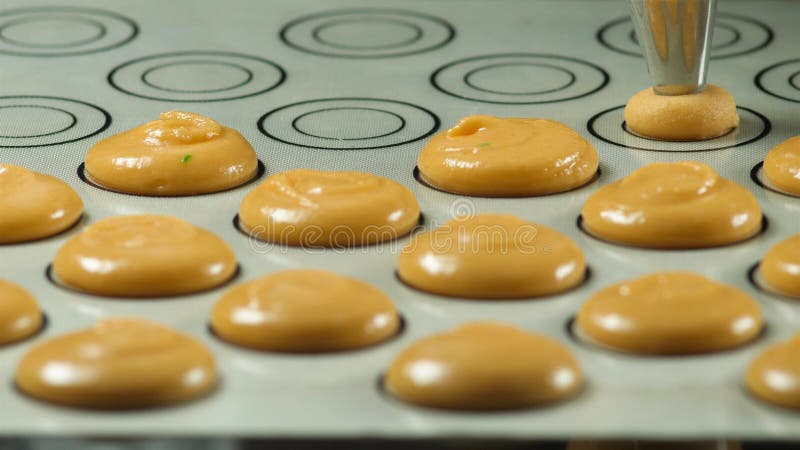 做macaron蛋白杏仁饼干的过程,法国点心,紧压烹调袋子的面团形式 免版税库存图片 做macaron蛋白杏仁饼干的过程,法国点心,紧压烹调袋子的面团形式 免版税库存图片