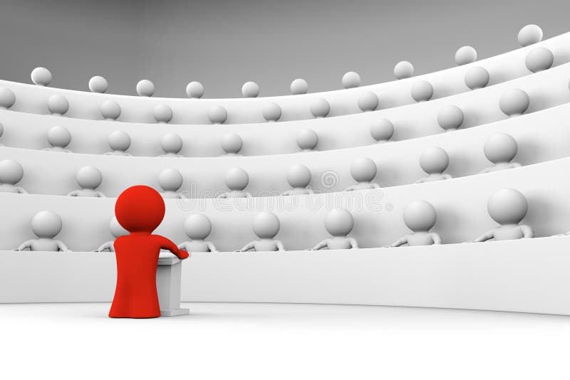 3D graphic back view of a character in red, standing at a podium facing an audience of white characters sitting. 3D graphic back view of a character in red, standing at a podium facing an audience of white characters sitting.